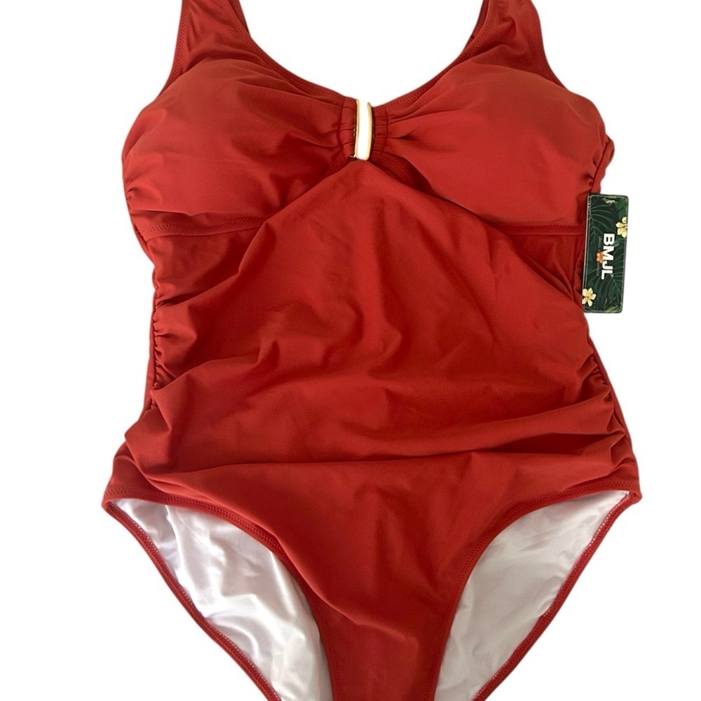 🏷️ Tummy Control Ruched One Piece Deep V Neck Swimsuit ColorRust Size XXL #0012